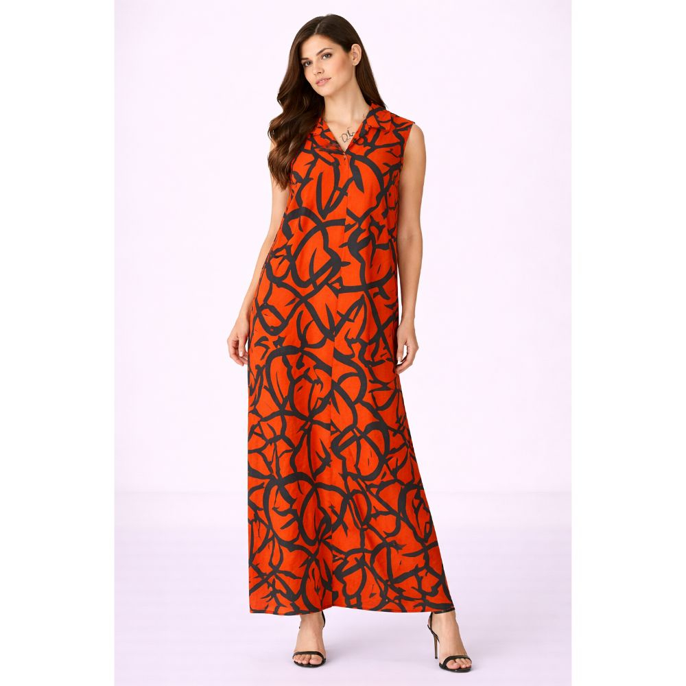Orange Abstract Print Midi Shirt Dress Sleeveless Button